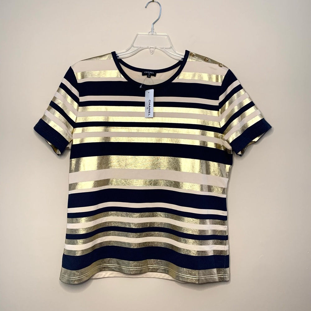 Chanel navy / gold striped top with short sleeves and gold buttons. FR 46- US 14 - Picture 2 of 9